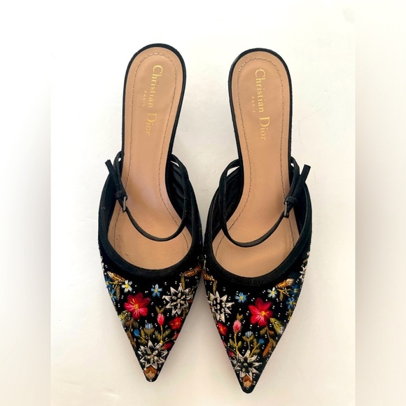 Christian Dior Black Velvet Embroidered Dioreve kitten heel mules EU 40.5